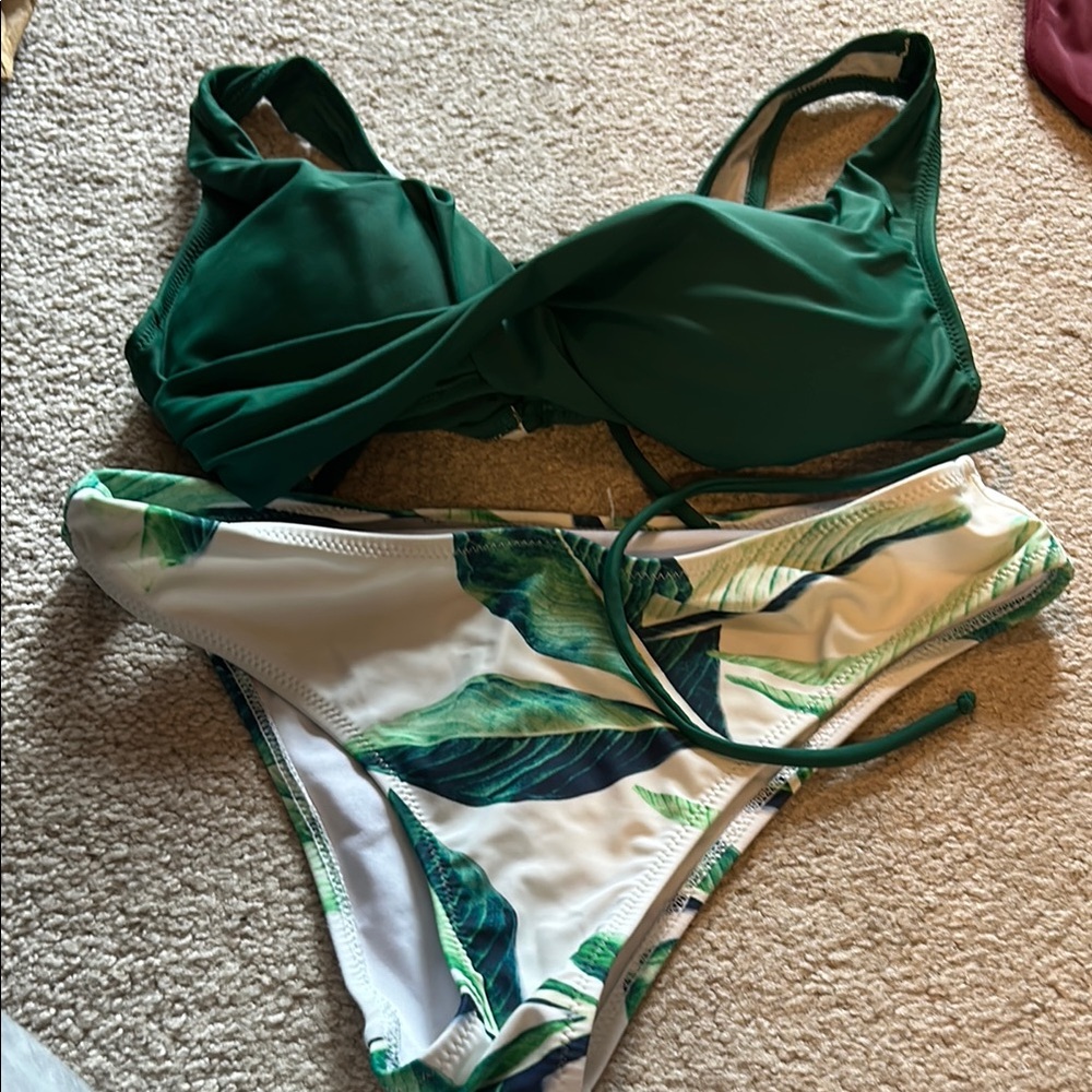 SHEIN Green and White Bikini Set with Shimmery Design